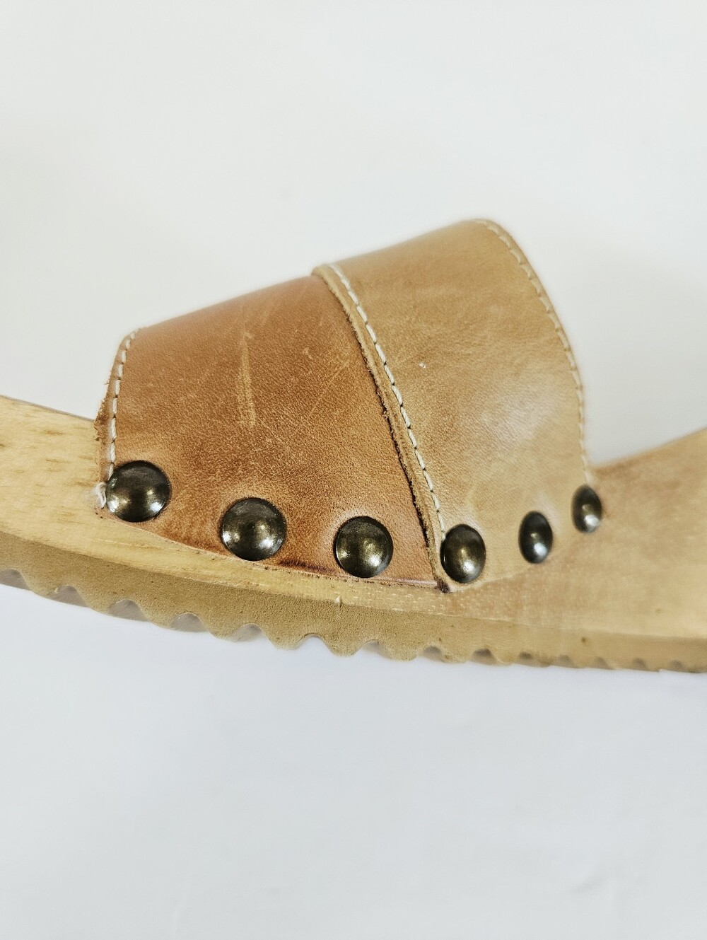 Vintage l.e.i. Wooden Diedra Platform Patchwork Leather Slip On Mule Sandals 8.5 - Picture 13 of 16